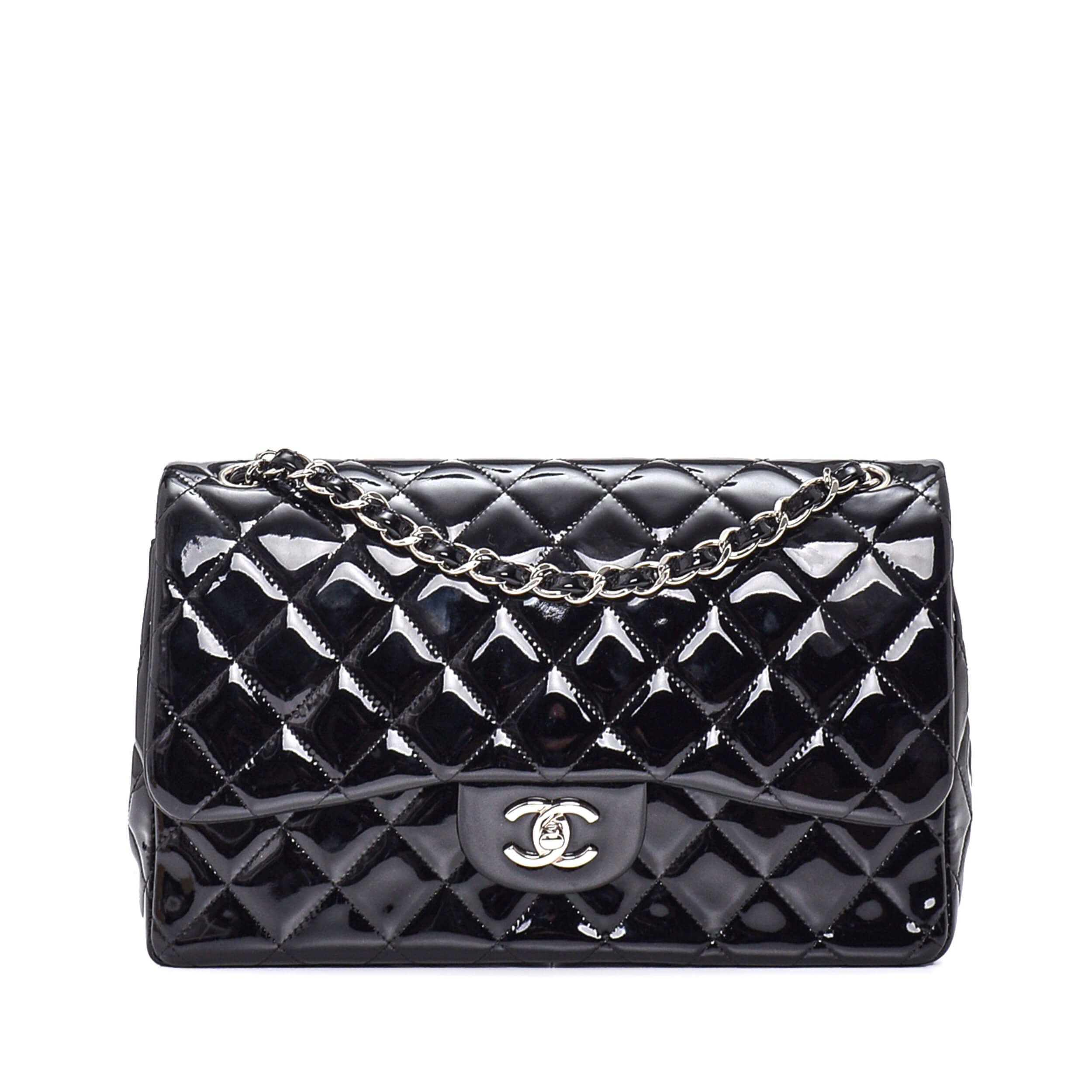 Chanel - Black Quilted Patent Leather Jumbo Double Flap Bag